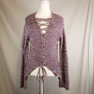 Women Burgundy Red Marled Lace-Up Neckline Sz S Cotton Knit Sweater Bell Sleeves